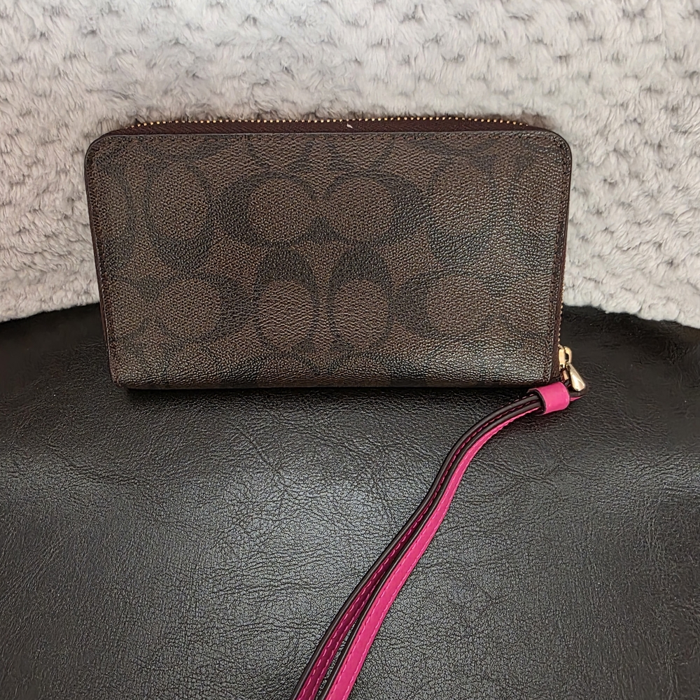 Coach Signature Brown Wristlet with Pink Strap - Picture 2 of 3